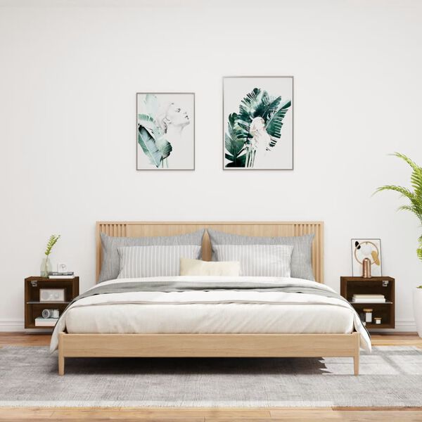 vidaXL Tables de chevet murales avec lumi&egrave;res LED 2 pcs ch&ecirc;ne marron