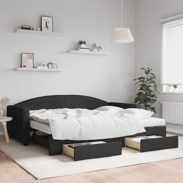 vidaXL Lit de jour avec gigogne et tiroirs noir 90x200 cm tissu