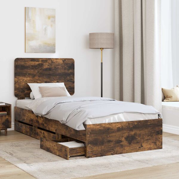 vidaXL Cadre de lit avec tiroir Ch&ecirc;ne fum&eacute; 75 x 190 cm Bois Ing&eacute;nierie