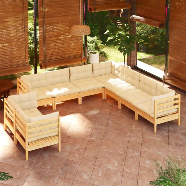 vidaXL Salon de jardin 9 pcs avec coussins cr&egrave;me bois de pin massif