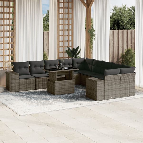 vidaXL Salon de jardin 11 pcs avec coussins gris r&eacute;sine tress&eacute;e