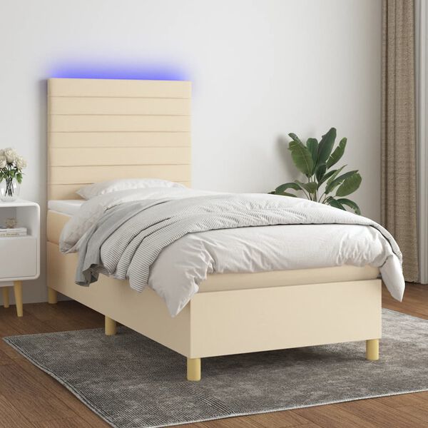 vidaXL Sommier &agrave; lattes de lit et matelas et LED Cr&egrave;me 90x200 cm Tissu
