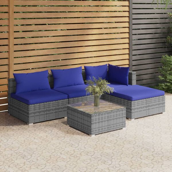 vidaXL Salon de jardin 5 pcs avec coussins r&eacute;sine tress&eacute;e gris