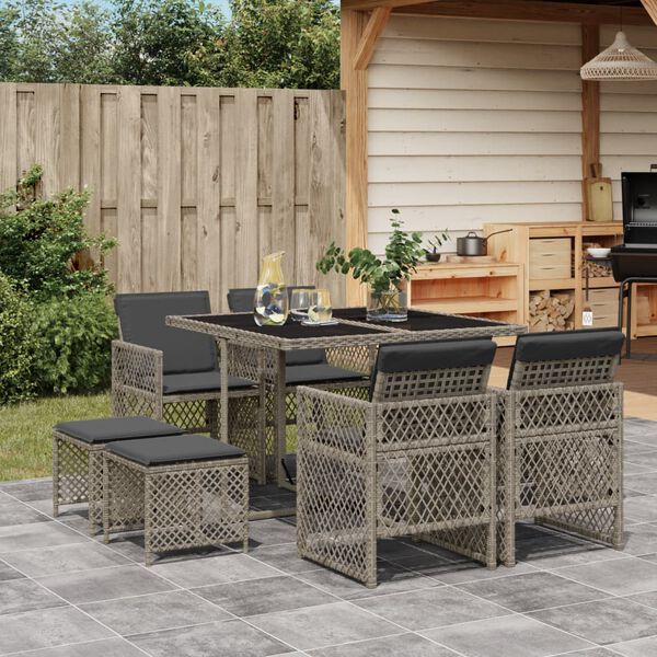vidaXL Ensemble &agrave; manger de jardin 9 pcs coussins gris r&eacute;sine tress&eacute;e