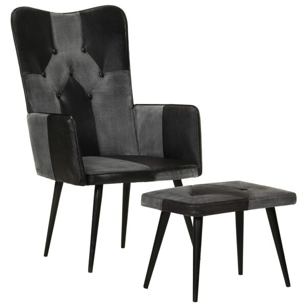 vidaXL Fauteuil avec repose-pieds Noir Cuir v&eacute;ritable et toile