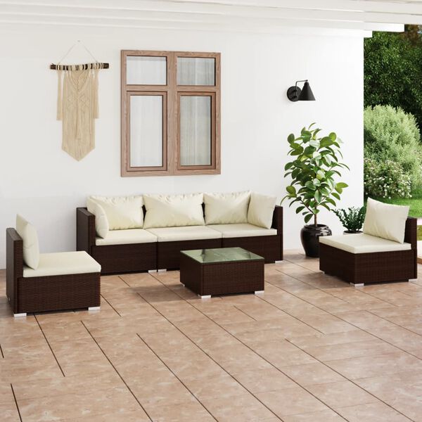 vidaXL Salon de jardin 6 pcs avec coussins R&eacute;sine tress&eacute;e Marron