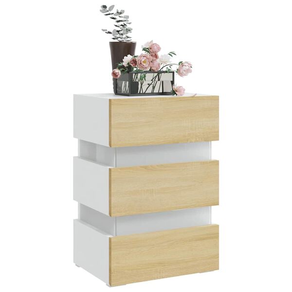 vidaXL Table de chevet &agrave; LED Blanc et ch&ecirc;ne sonoma 45x35x67 cm