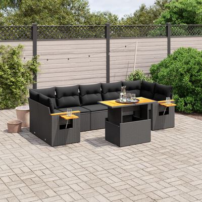 vidaXL Salon de jardin 8 pcs avec coussins noir résine tressée