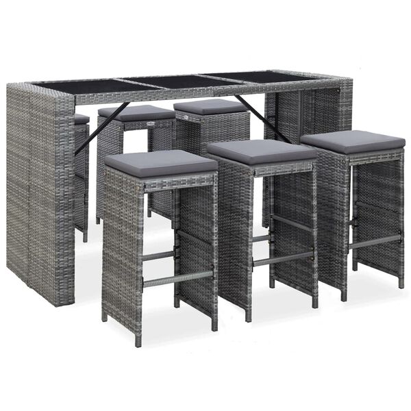 vidaXL Meuble de bar de jardin 7 pcs et coussins R&eacute;sine tress&eacute;e Gris