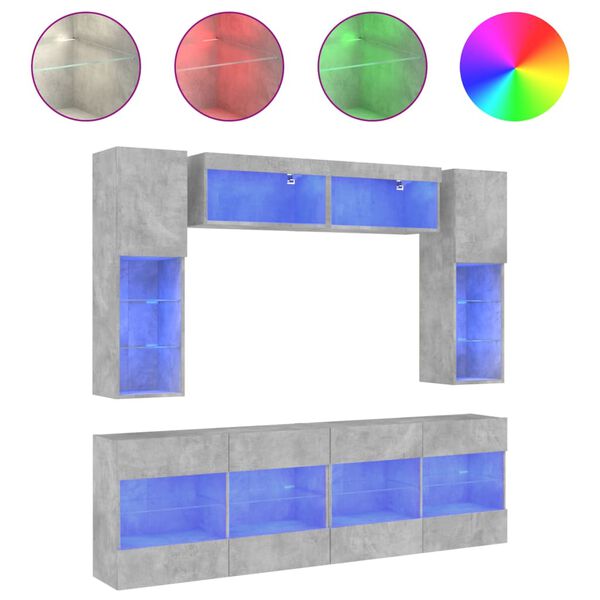 vidaXL Ensemble de meubles TV muraux 6pcs et lumi&egrave;res LED gris b&eacute;ton