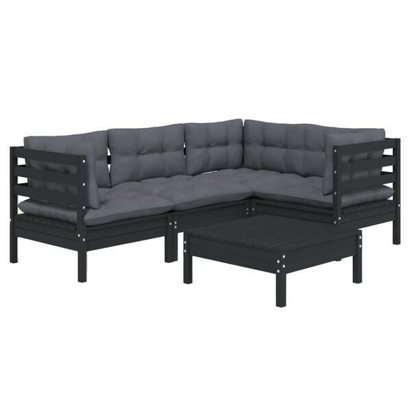 vidaXL Salon de jardin 5 pcs avec coussins Noir Bois de pin