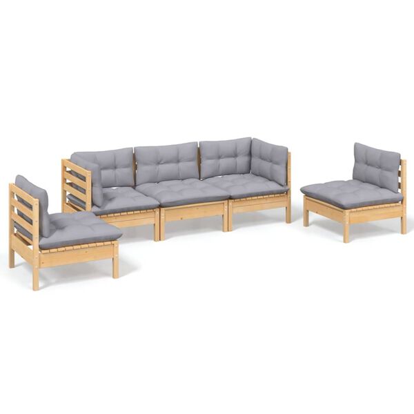 vidaXL Salon de jardin 5 pcs avec coussins gris bois de pin massif