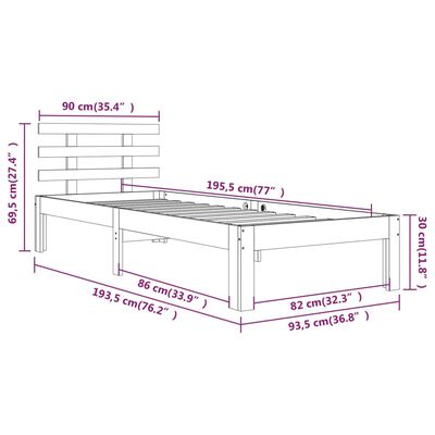 vidaXL Cadre de lit Noir Bois massif 90x190 cm Simple