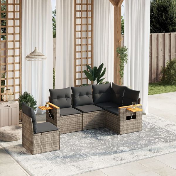 vidaXL Salon de jardin 5 pcs avec coussins gris r&eacute;sine tress&eacute;e