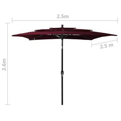 vidaXL Parasol de jardin à 3 niveaux mât en aluminium rouge bordeaux