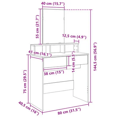 vidaXL Coiffeuse avec miroir gris béton 80x41x144,5 cm