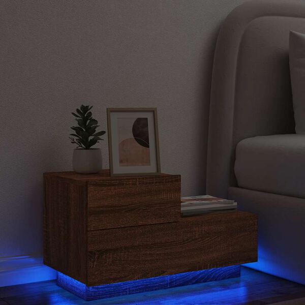 vidaXL Table de chevet avec lumi&egrave;res LED ch&ecirc;ne marron 70x36x40,5 cm