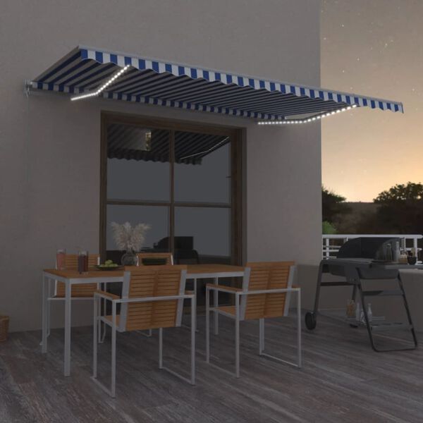 vidaXL Auvent manuel r&eacute;tractable avec LED 500x350 cm Bleu et blanc