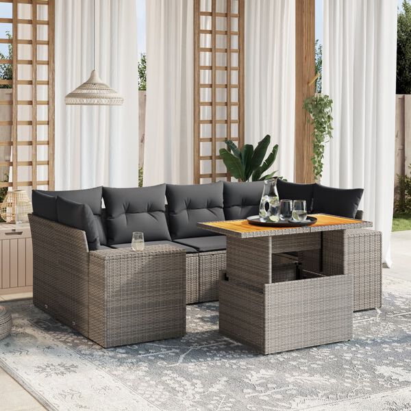 vidaXL Salon de jardin avec coussins 7 pcs gris r&eacute;sine tress&eacute;e