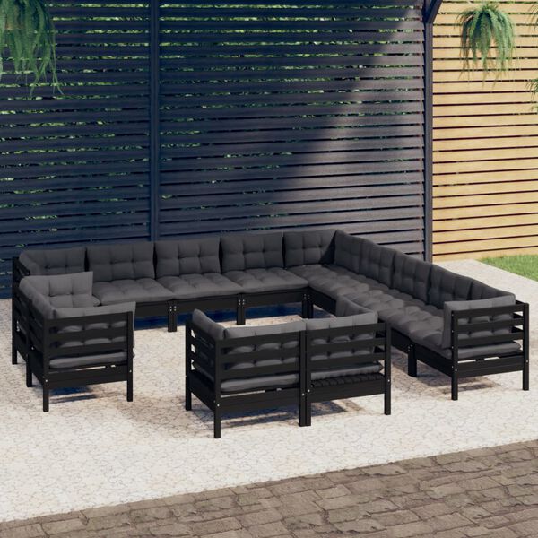 vidaXL Salon de jardin 13 pcs avec coussins Noir Bois de pin solide