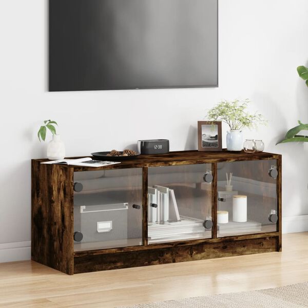 vidaXL Meuble TV avec portes en verre chêne fumé 102x37x42 cm