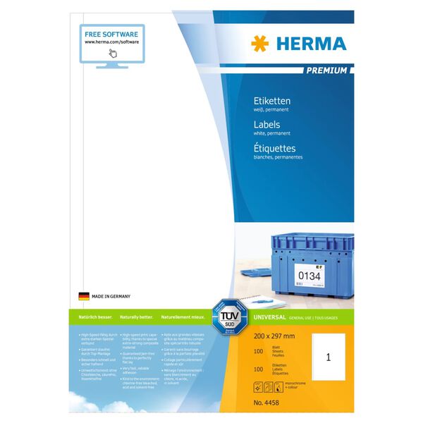 HERMA &Eacute;tiquettes permanentes PREMIUM A4 200x297 mm 100 Feuilles