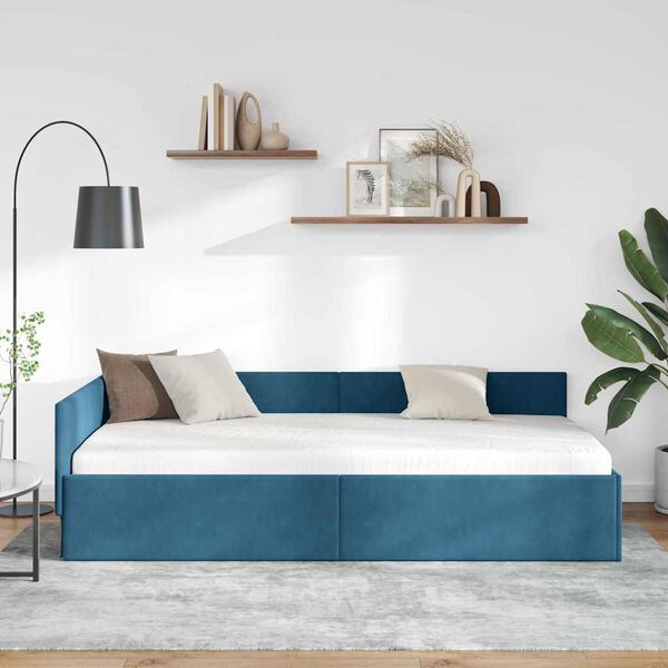 vidaXL Cadre de lit d'angle Bleu 90 cm x 200 cm VeloursetContreplaqu&eacute;