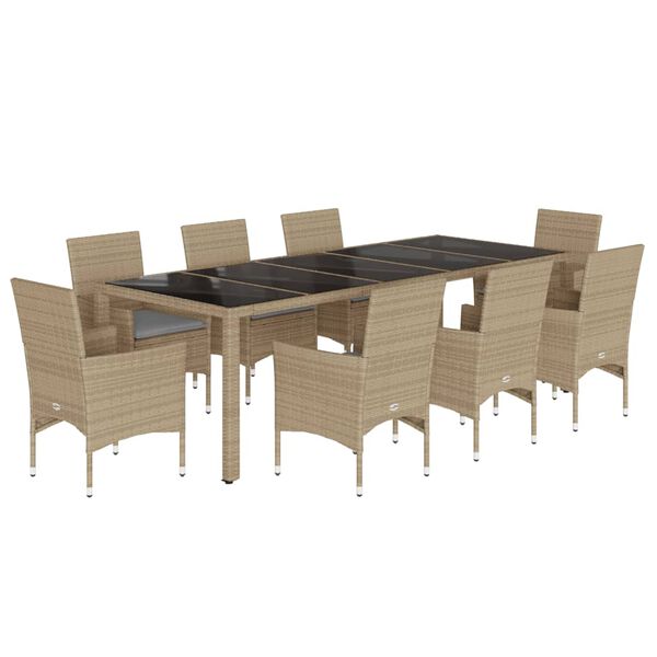 vidaXL Ensemble &agrave; manger de jardin et coussins 9 pcs beige rotin verre