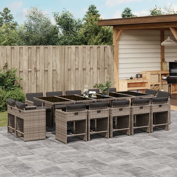 vidaXL Ensemble &agrave; manger de jardin 15 pcs coussins gris r&eacute;sine tress&eacute;e