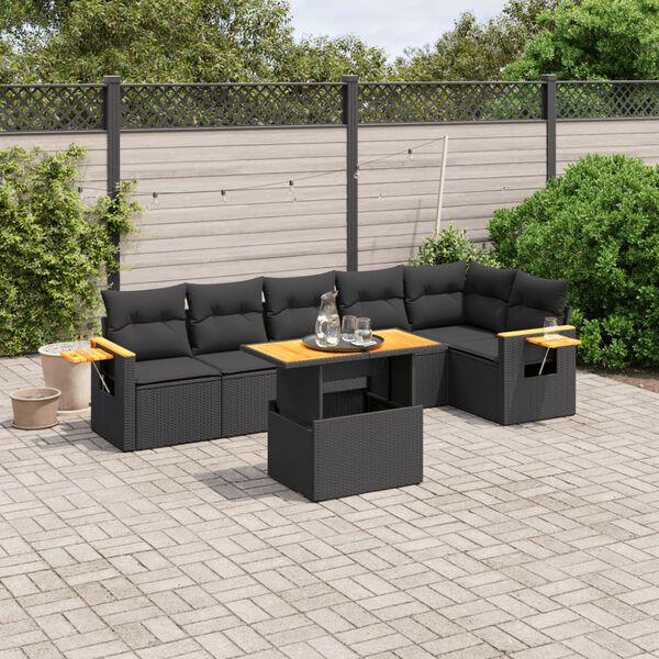 vidaXL Salon de jardin 7 pcs avec coussins noir résine tressée