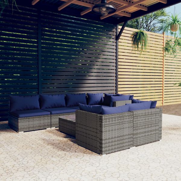vidaXL Salon de jardin 8 pcs avec coussins Gris R&eacute;sine tress&eacute;e