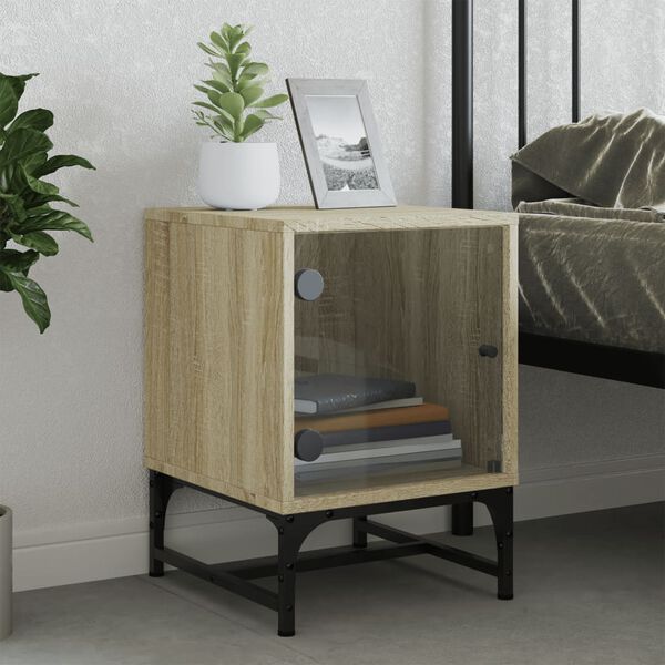 vidaXL Table de chevet avec porte en verre ch&ecirc;ne sonoma 35x37x50 cm