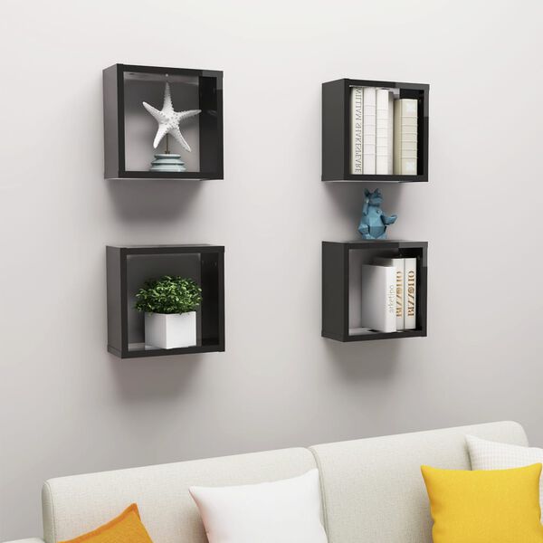 vidaXL &Eacute;tag&egrave;res cube murales 4 pcs noir brillant 30x15x30 cm
