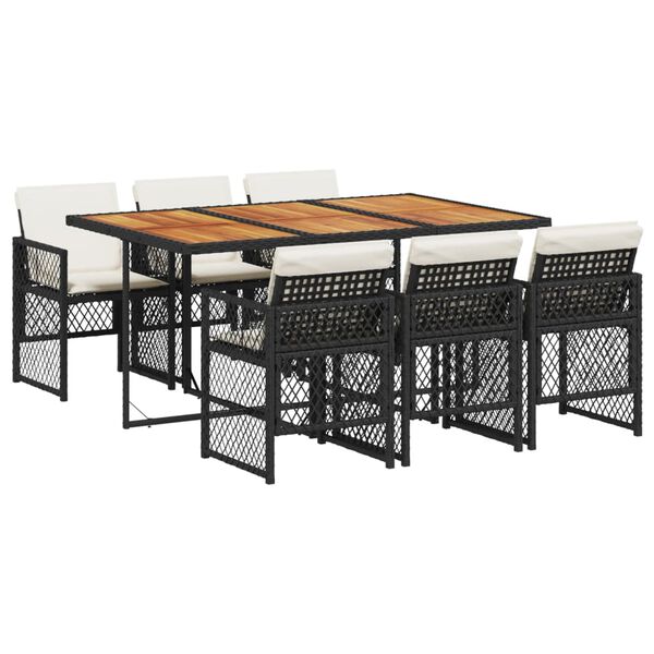vidaXL Ensemble &agrave; manger de jardin coussins 7 pcs noir r&eacute;sine tress&eacute;e