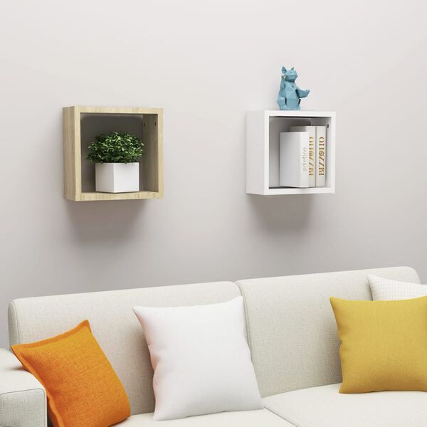 vidaXL &Eacute;tag&egrave;res cube murales 2 pcs Blanc et ch&ecirc;ne sonoma 30x15x30 cm
