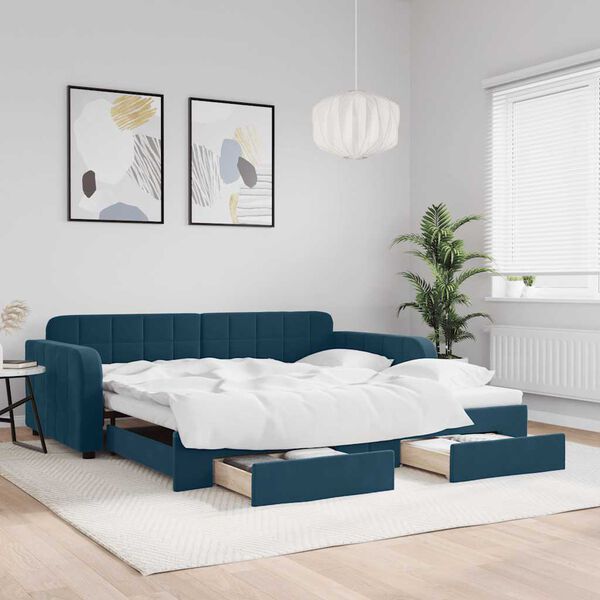 vidaXL Lit de jour avec gigogne et tiroirs sans matelas bleu 100x200cm