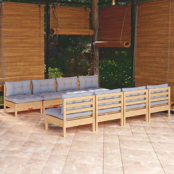 vidaXL Salon de jardin 9 pcs avec coussins gris bois de pin massif