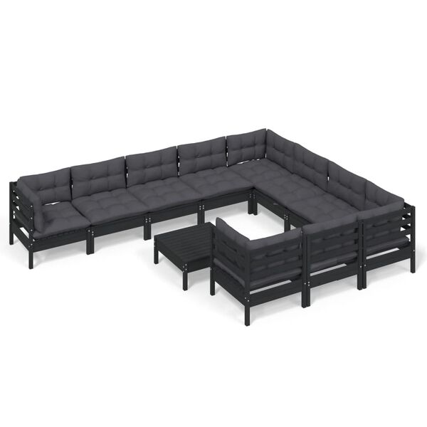 vidaXL Salon de jardin 11 pcs avec coussins Noir Bois de pin