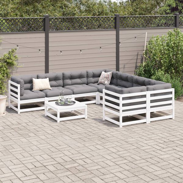 vidaXL Salon de jardin 9 pcs blanc bois de pin massif