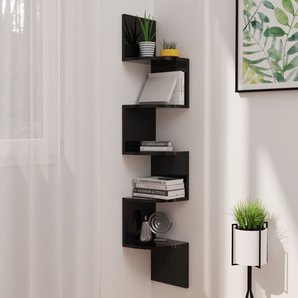 vidaXL &Eacute;tag&egrave;re d'angle murale noir brillant 19x19x123 cm