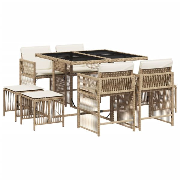 vidaXL Ensemble &agrave; manger de jardin et coussins 9 pcs beige Poly rotin
