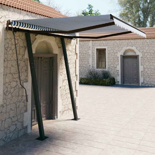vidaXL Auvent manuel r&eacute;tractable avec poteaux 3,5x2,5 m Bleu et blanc