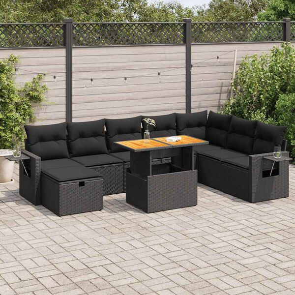 vidaXL Salon de jardin avec coussins 9 pcs noir résine tressée acacia