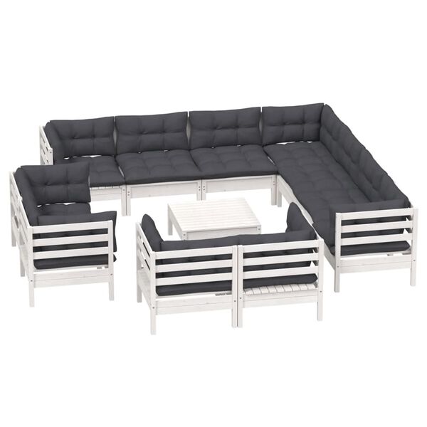 vidaXL Salon de jardin 12 pcs avec coussins blanc bois de pin solide