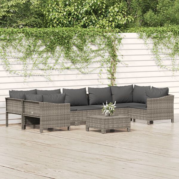 vidaXL Salon de jardin 8 pcs avec coussins Gris R&eacute;sine tress&eacute;e