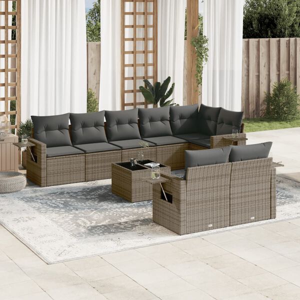 vidaXL Salon de jardin 9 pcs avec coussins gris r&eacute;sine tress&eacute;e