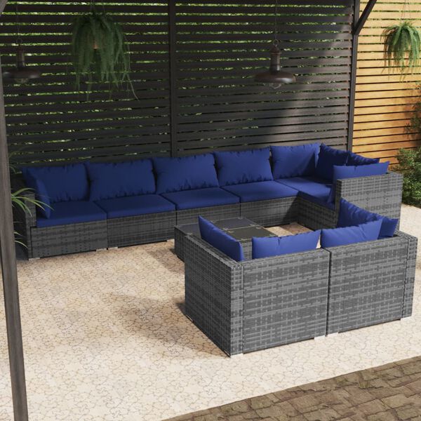 vidaXL Salon de jardin 9 pcs avec coussins Gris R&eacute;sine tress&eacute;e