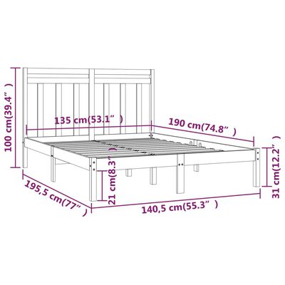 vidaXL Cadre de lit Noir Bois massif 135x190 cm Double