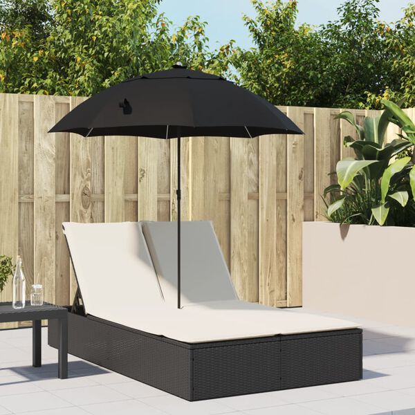 vidaXL Chaise longue double et coussins et parasol noir r&eacute;sine tress&eacute;e