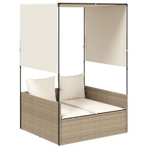 vidaXL Chaise longue double avec toit et rideaux beige r&eacute;sine tress&eacute;e